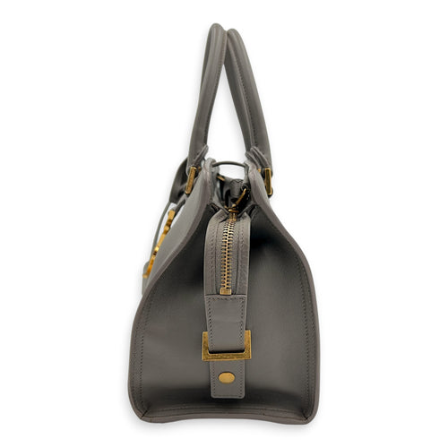 Cabas Top Handle Bag Grey in Calfskin, Gold hardware