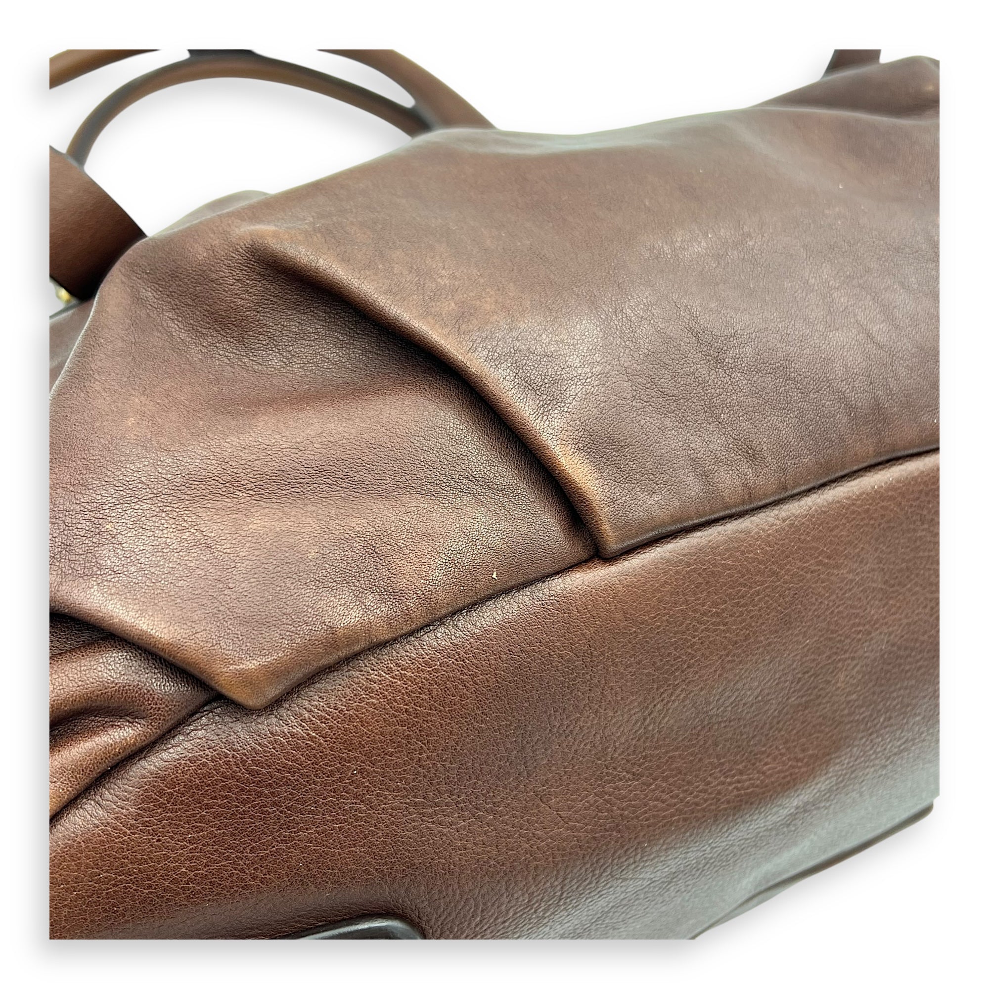 Logo Top Handle Bag Brown in Calfskin, Gold hardware