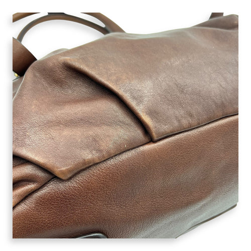 Logo Top Handle Bag Brown in Calfskin, Gold hardware
