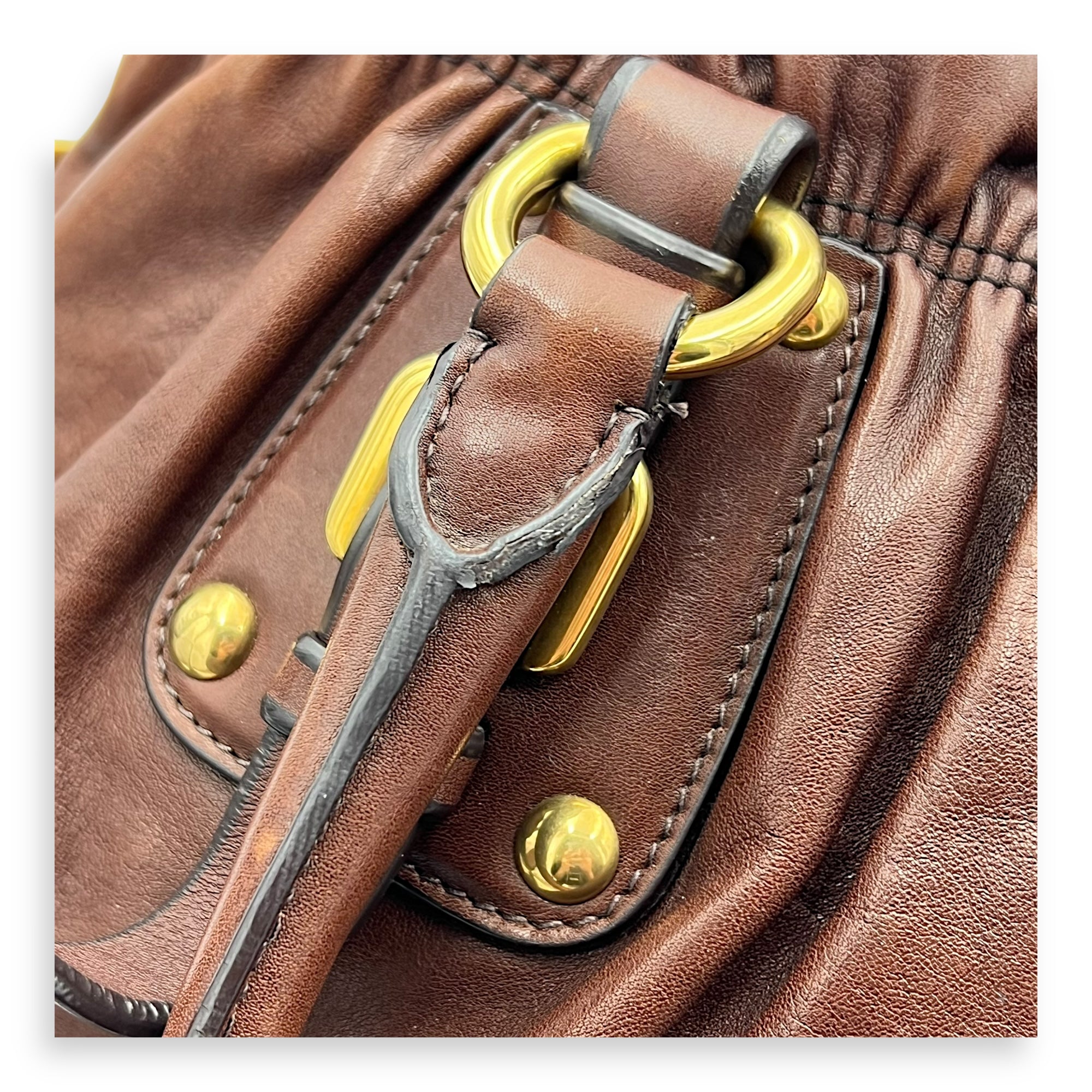 Logo Top Handle Bag Brown in Calfskin, Gold hardware