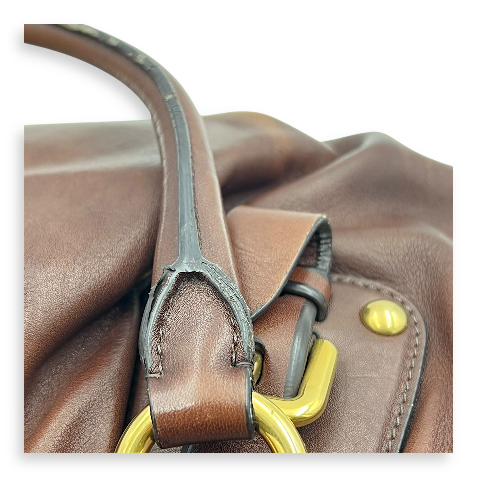 Logo Top Handle Bag Brown in Calfskin, Gold hardware