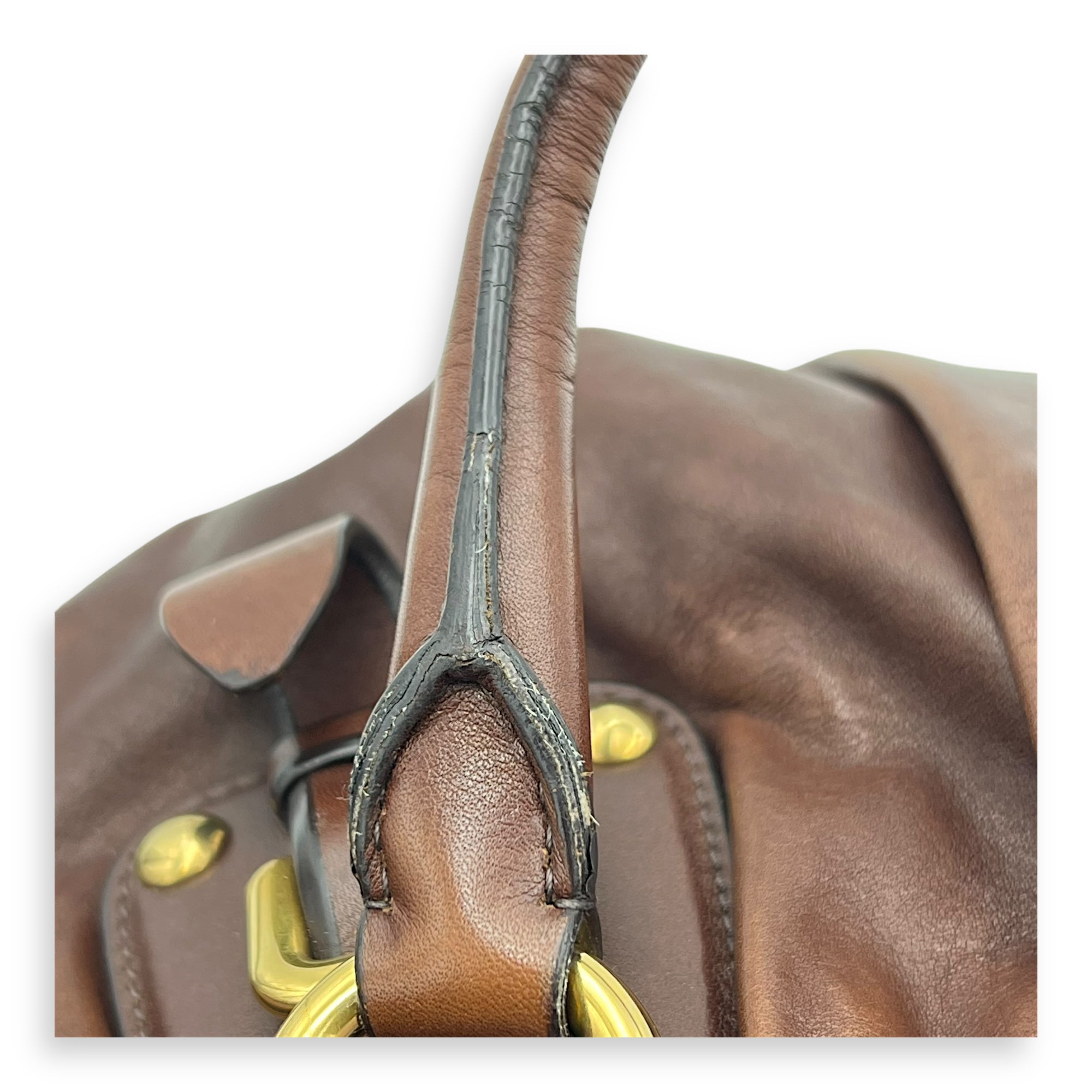 Logo Top Handle Bag Brown in Calfskin, Gold hardware