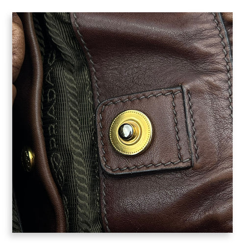 Logo Top Handle Bag Brown in Calfskin, Gold hardware