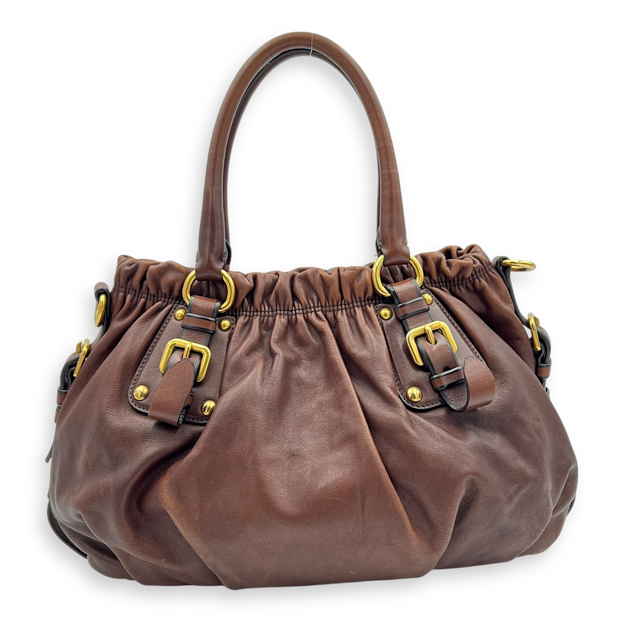 Logo Top Handle Bag Brown in Calfskin, Gold hardware