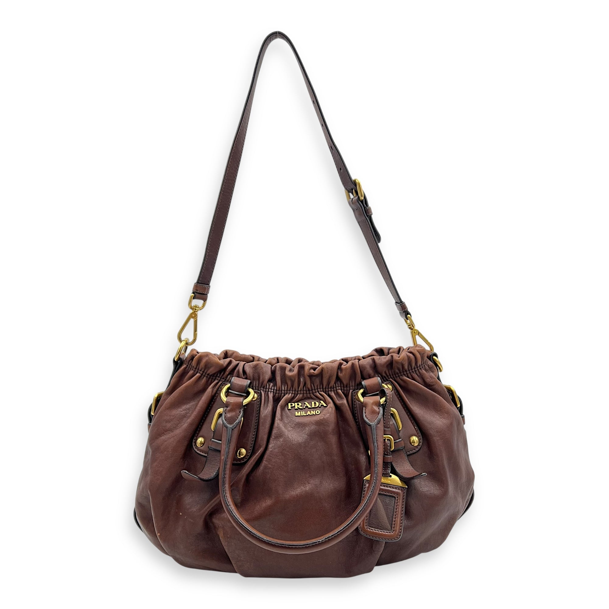 Logo Top Handle Bag Brown in Calfskin, Gold hardware