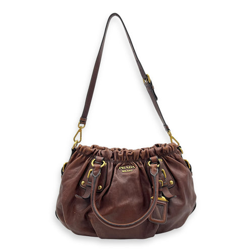 Logo Top Handle Bag Brown in Calfskin, Gold hardware