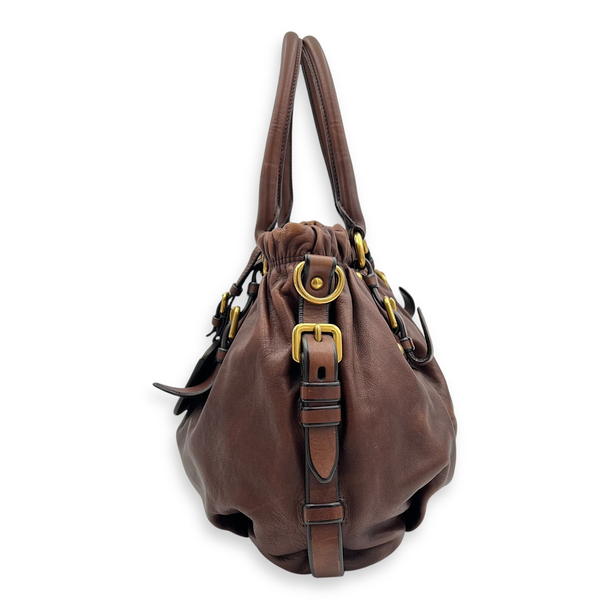 Logo Top Handle Bag Brown in Calfskin, Gold hardware