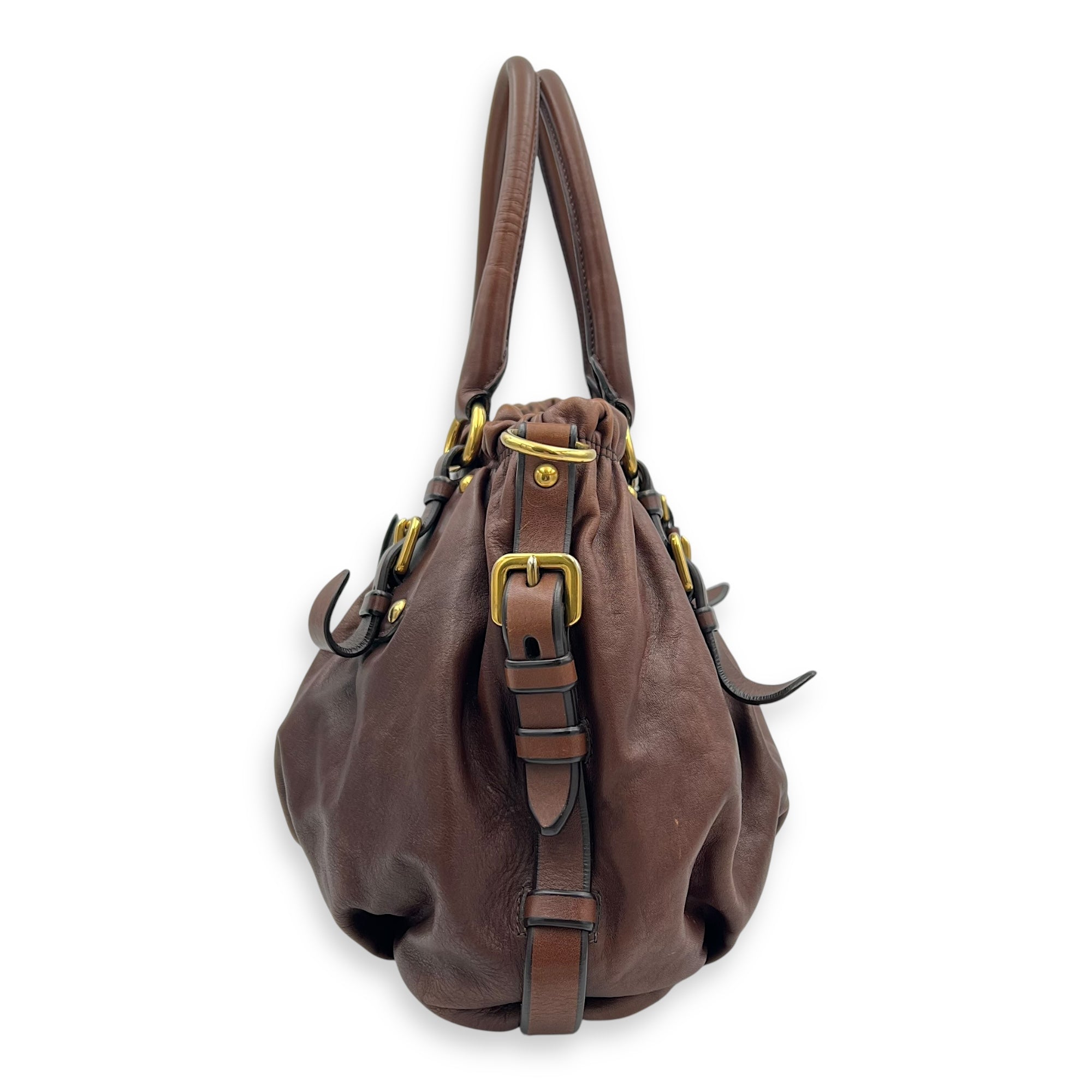 Logo Top Handle Bag Brown in Calfskin, Gold hardware