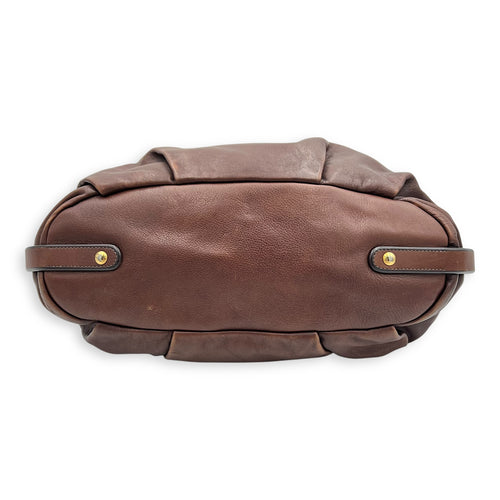 Logo Top Handle Bag Brown in Calfskin, Gold hardware