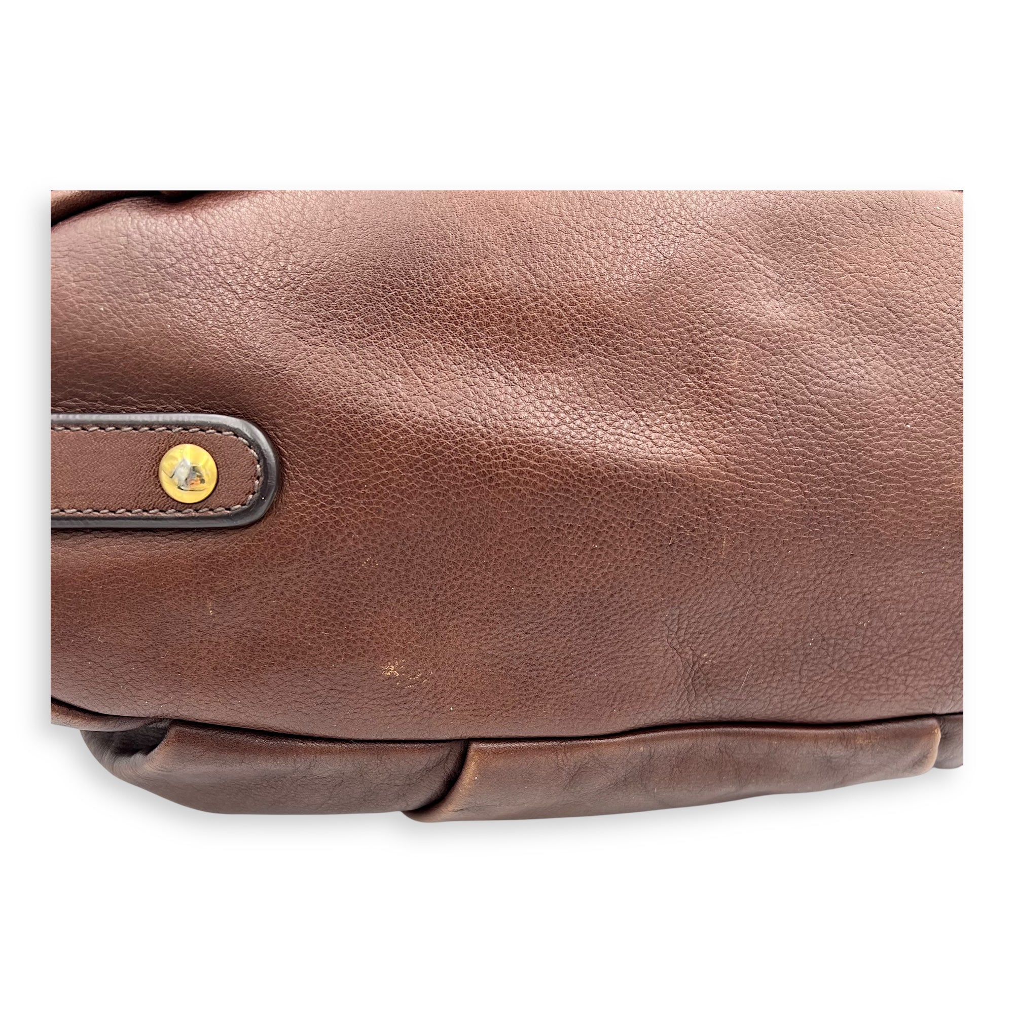 Logo Top Handle Bag Brown in Calfskin, Gold hardware