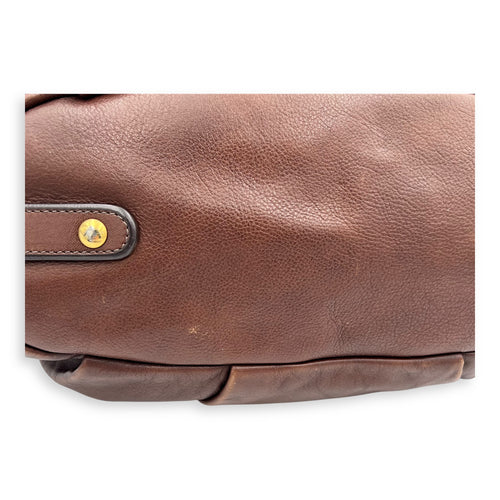 Logo Top Handle Bag Brown in Calfskin, Gold hardware