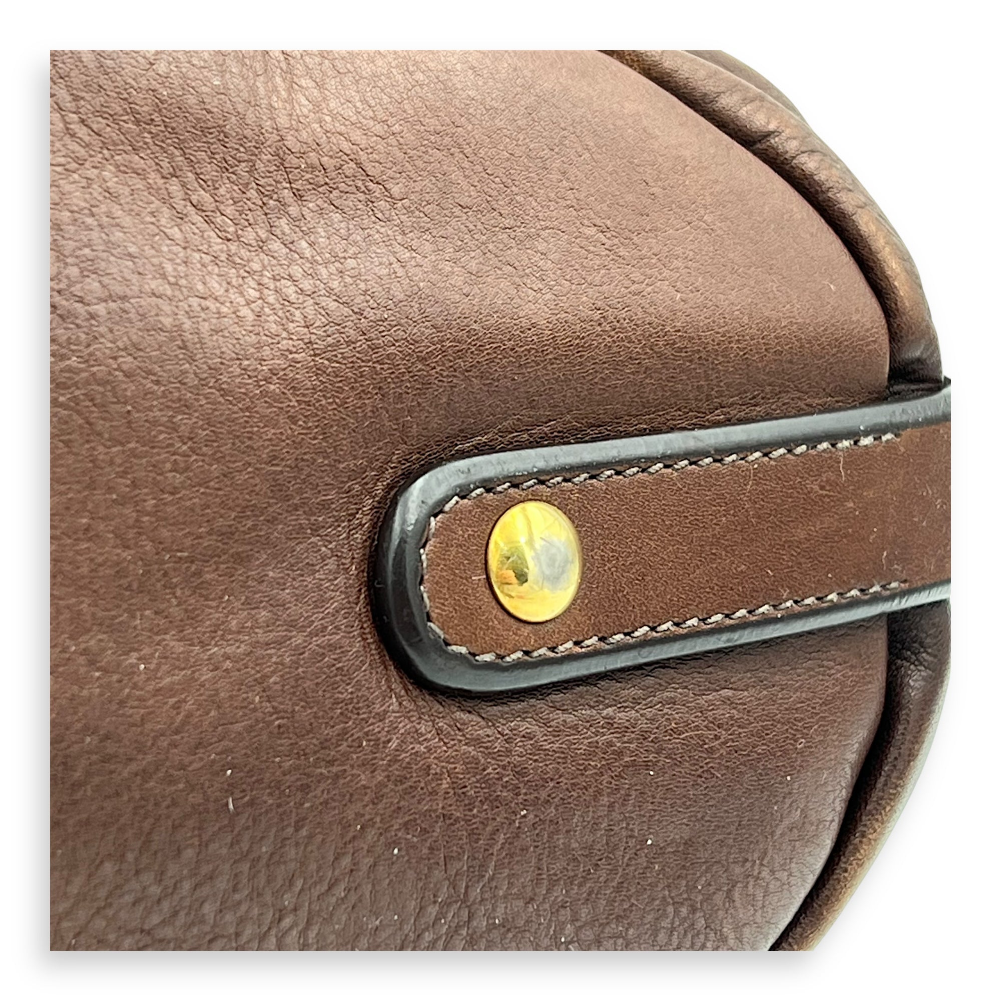 Logo Top Handle Bag Brown in Calfskin, Gold hardware