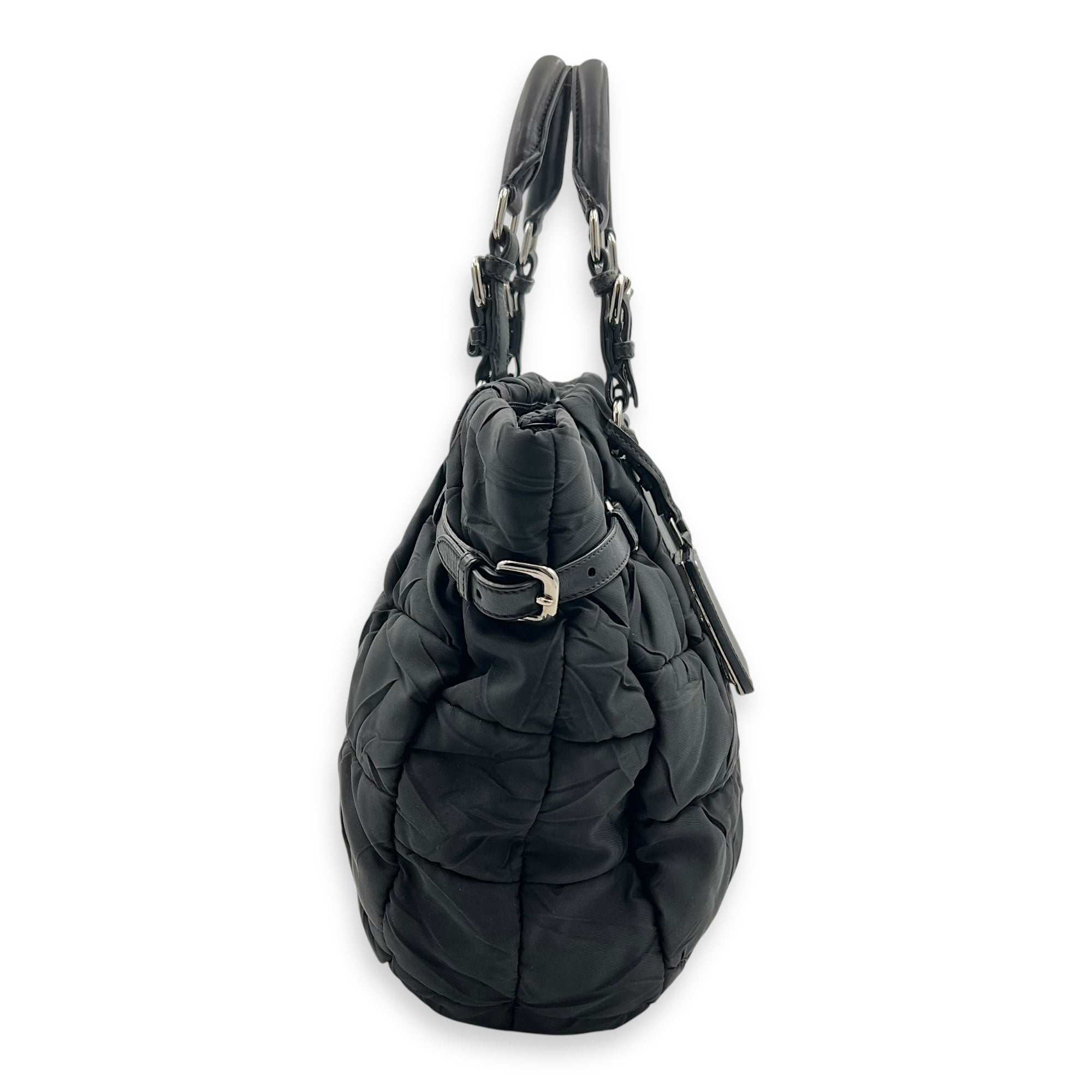 Logo Top Handle Bag Black in Nylon, Silver hardware