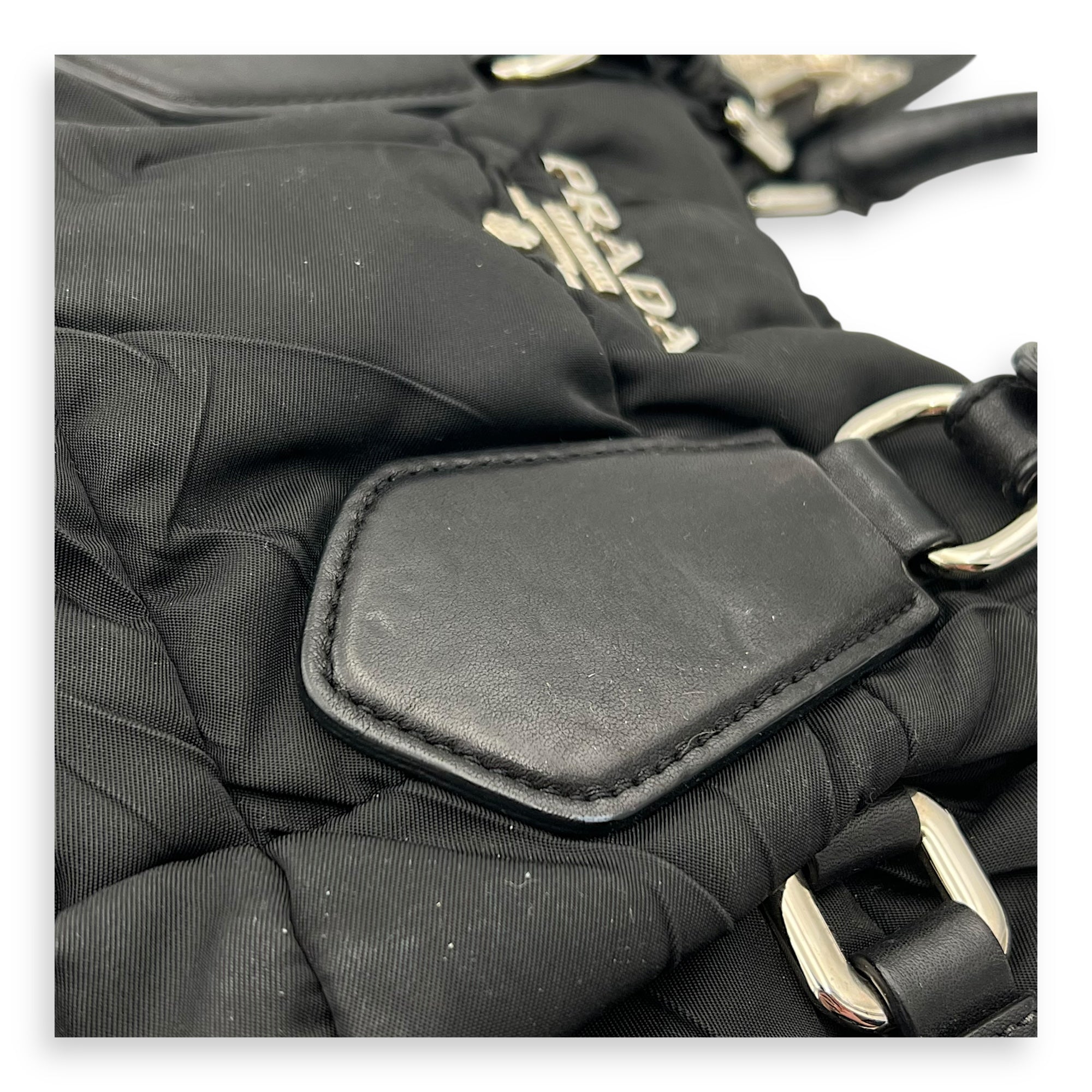 Logo Top Handle Bag Black in Nylon, Silver hardware