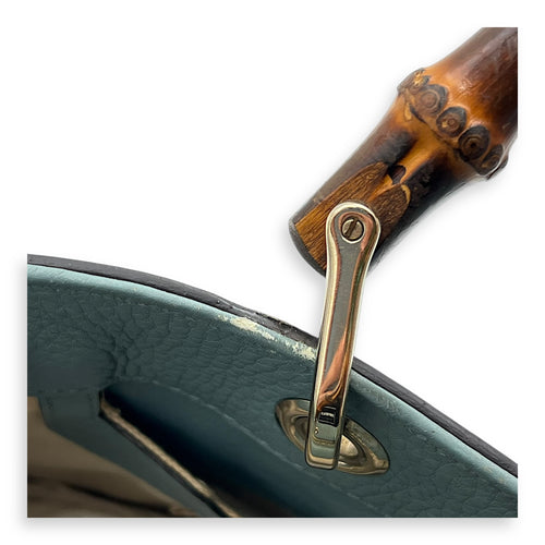 Bamboo Top Handle Bag Blue in Calfskin, Gold hardware