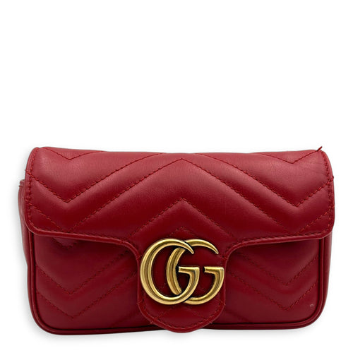 GG Marmont Super Mini Red Shoulder Bag in Calfskin, Gold hardware