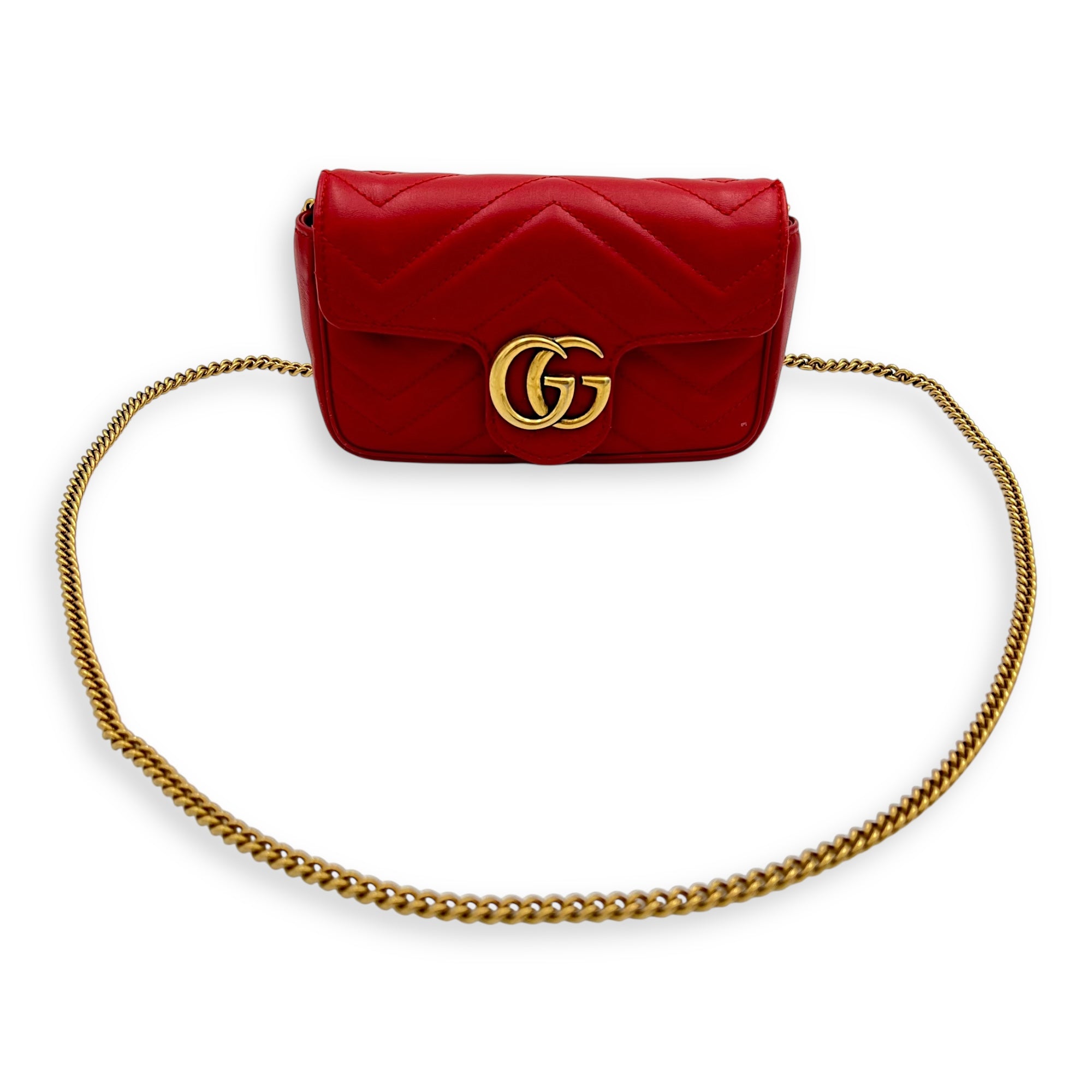 GG Marmont Super Mini Red Shoulder Bag in Calfskin, Gold hardware