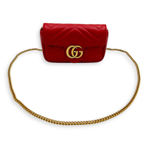 GG Marmont Super Mini Red Shoulder Bag in Calfskin, Gold hardware