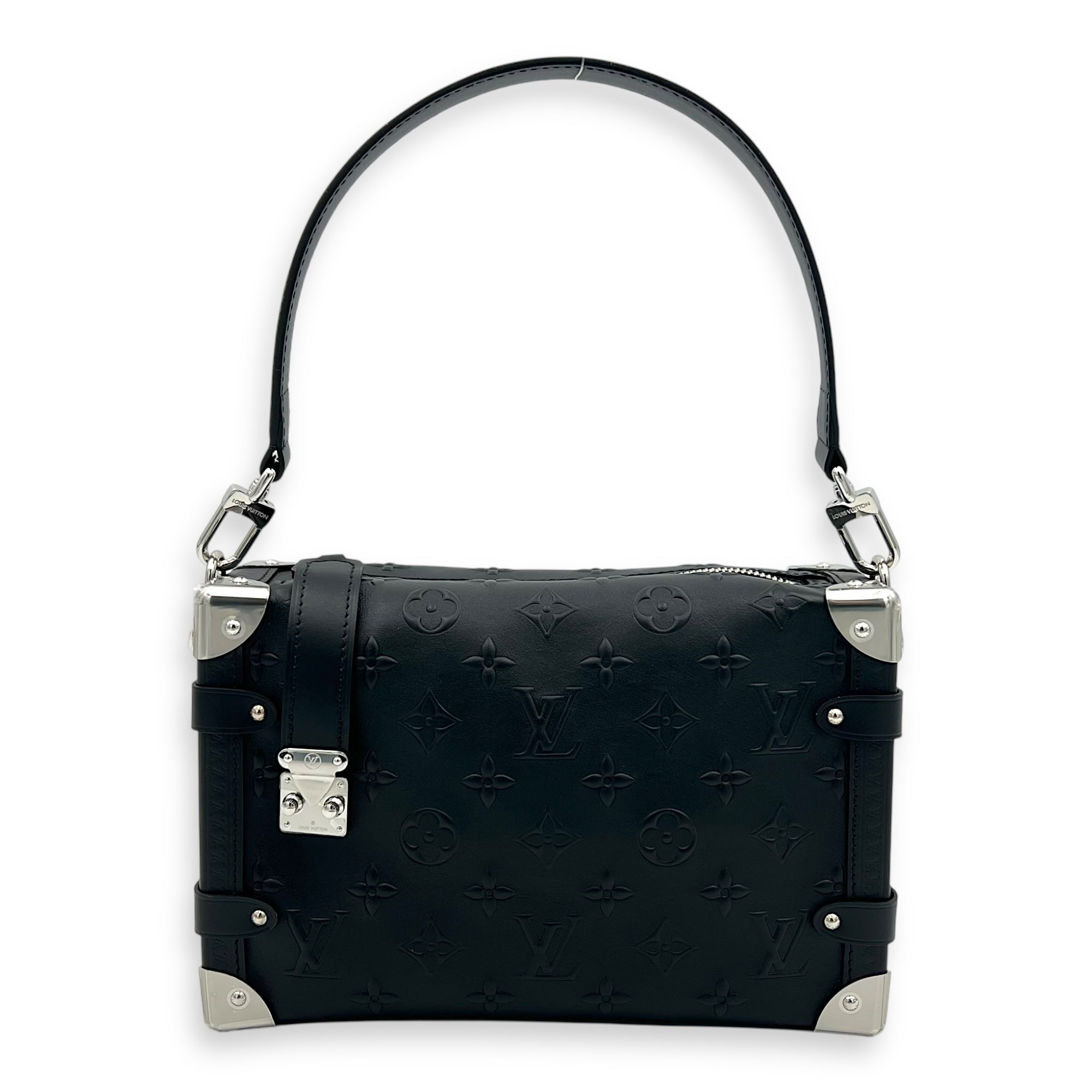 Side Trunk Black Crossbody Bag in Calfskin, Silver hardware
