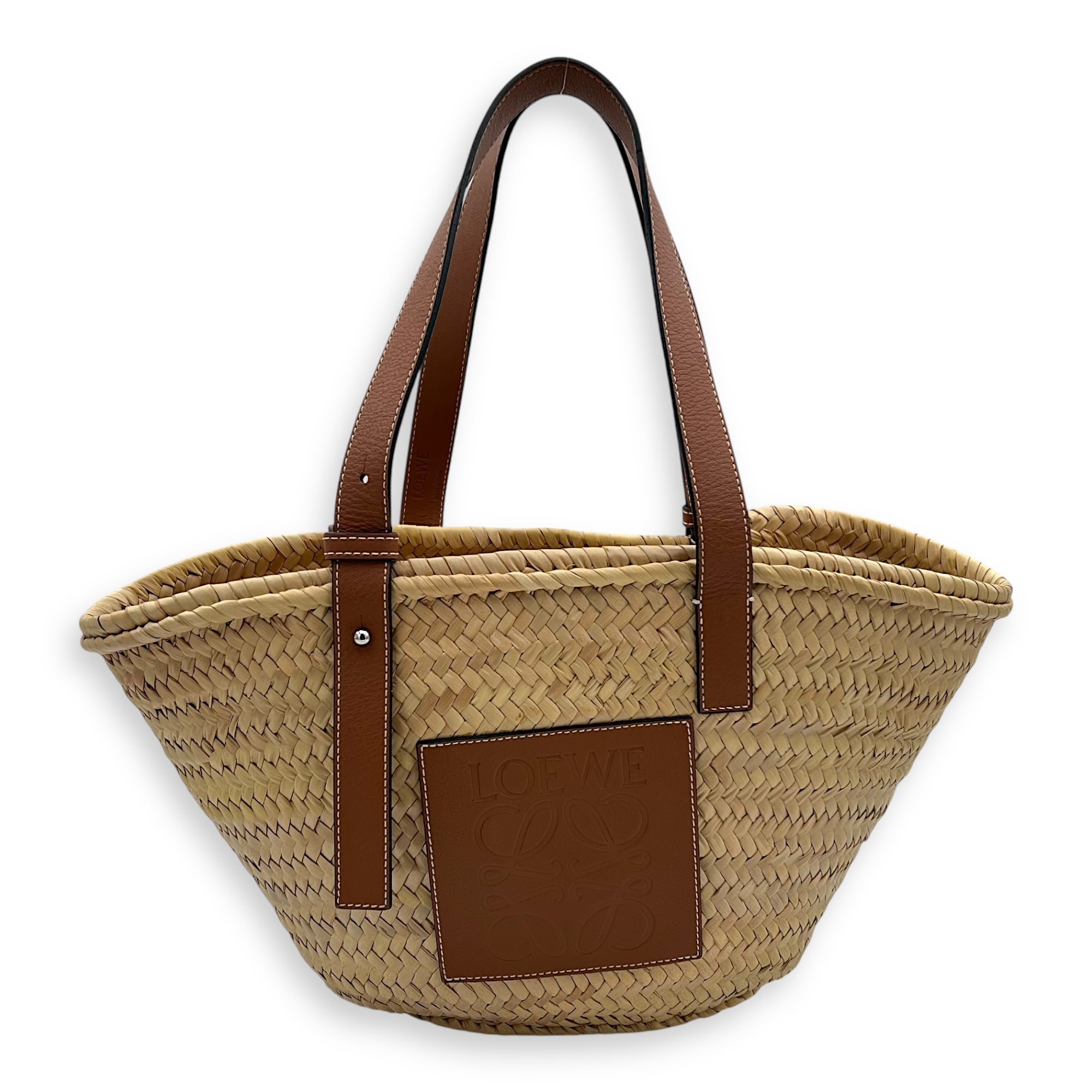 Basket Top Handle Bag Medium Brown in Rattan, Silver hardware