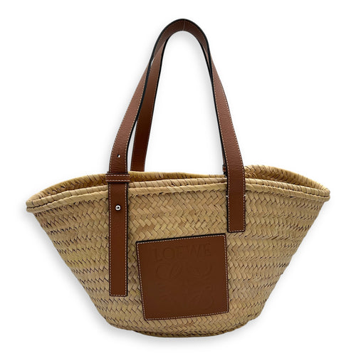 Basket Top Handle Bag Medium Brown in Rattan, Silver hardware