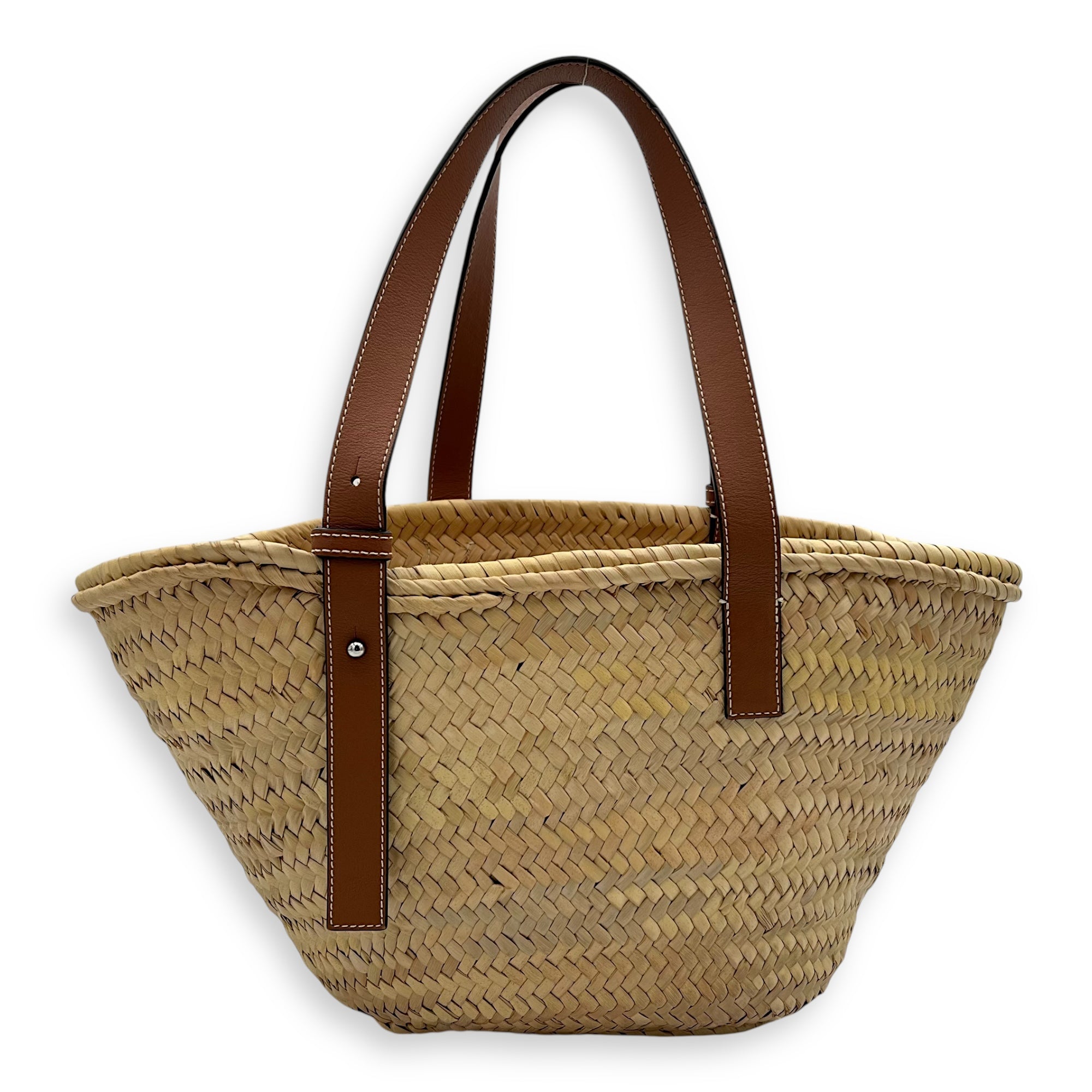 Basket Top Handle Bag Medium Brown in Rattan, Silver hardware