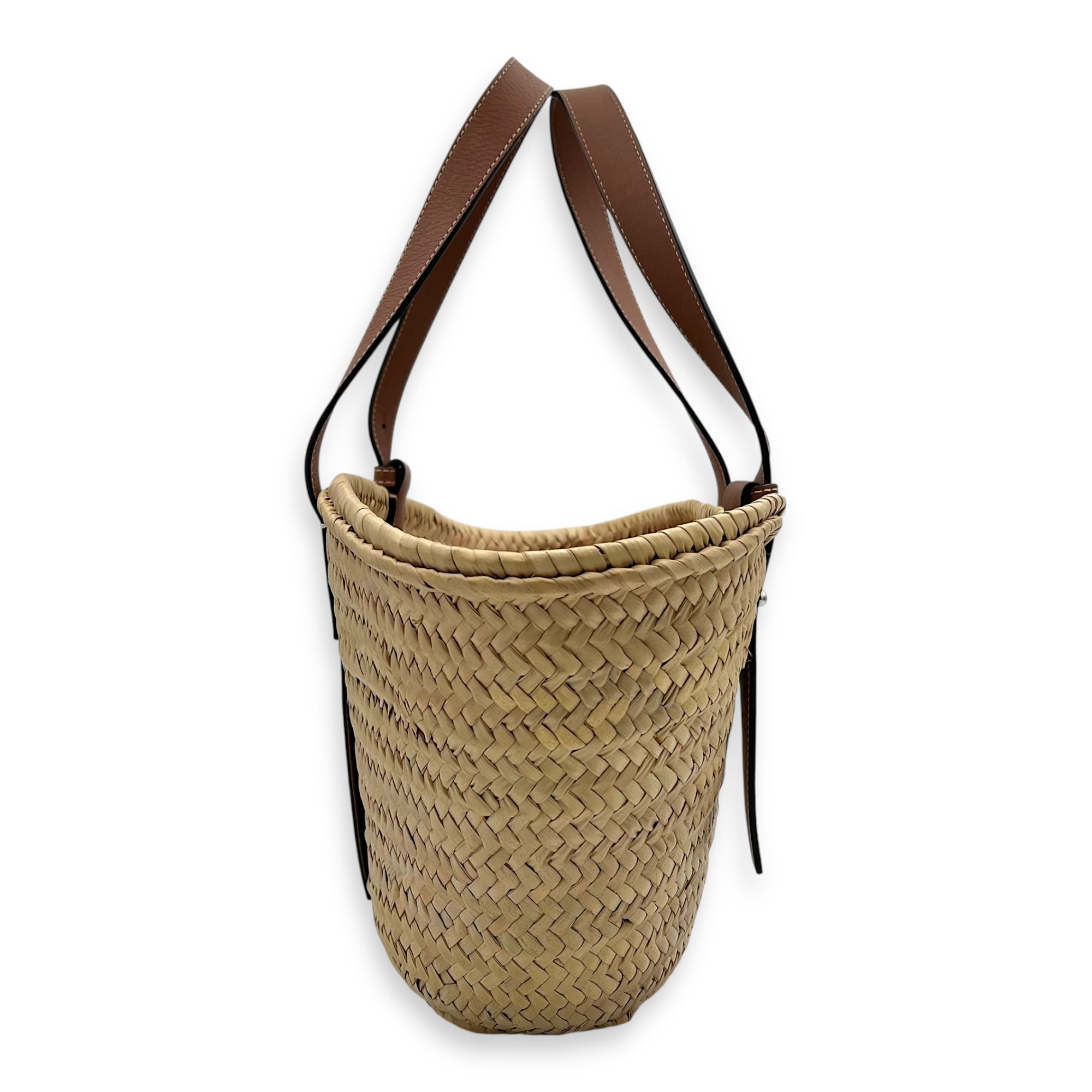 Basket Top Handle Bag Medium Brown in Rattan, Silver hardware