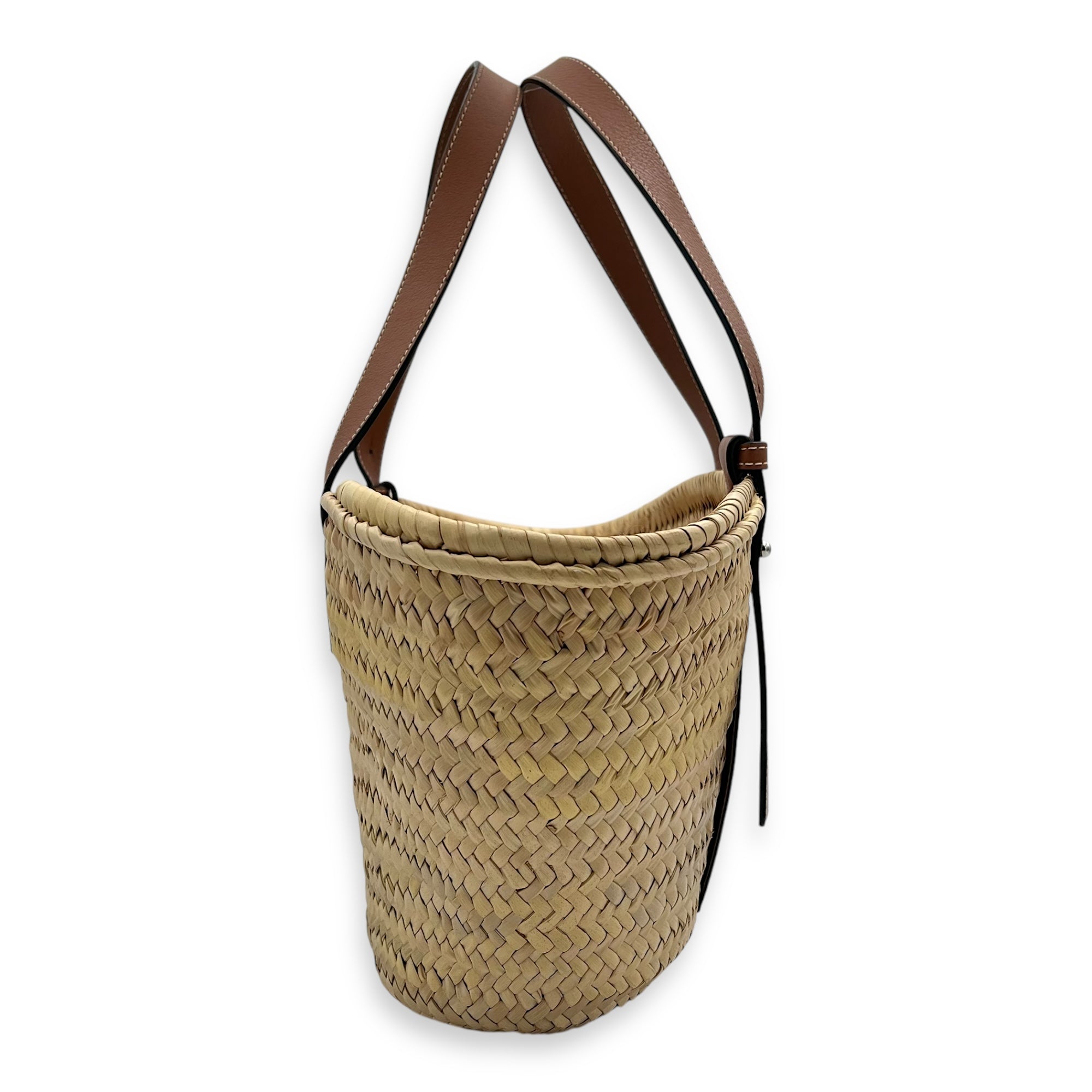 Basket Top Handle Bag Medium Brown in Rattan, Silver hardware