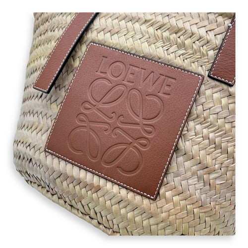Basket Top Handle Bag Medium Brown in Rattan, Silver hardware