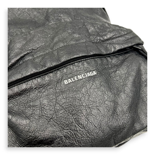 Logo Black Backpack in Distressed Leather, Silver hardware