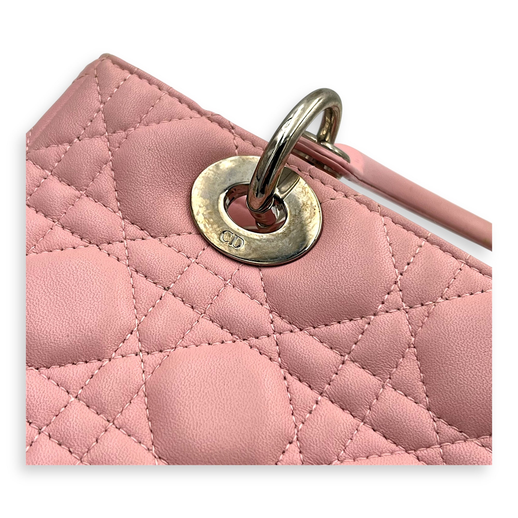 Lady Dior Top Handle Bag Medium Pink in Calfskin, Silver hardware
