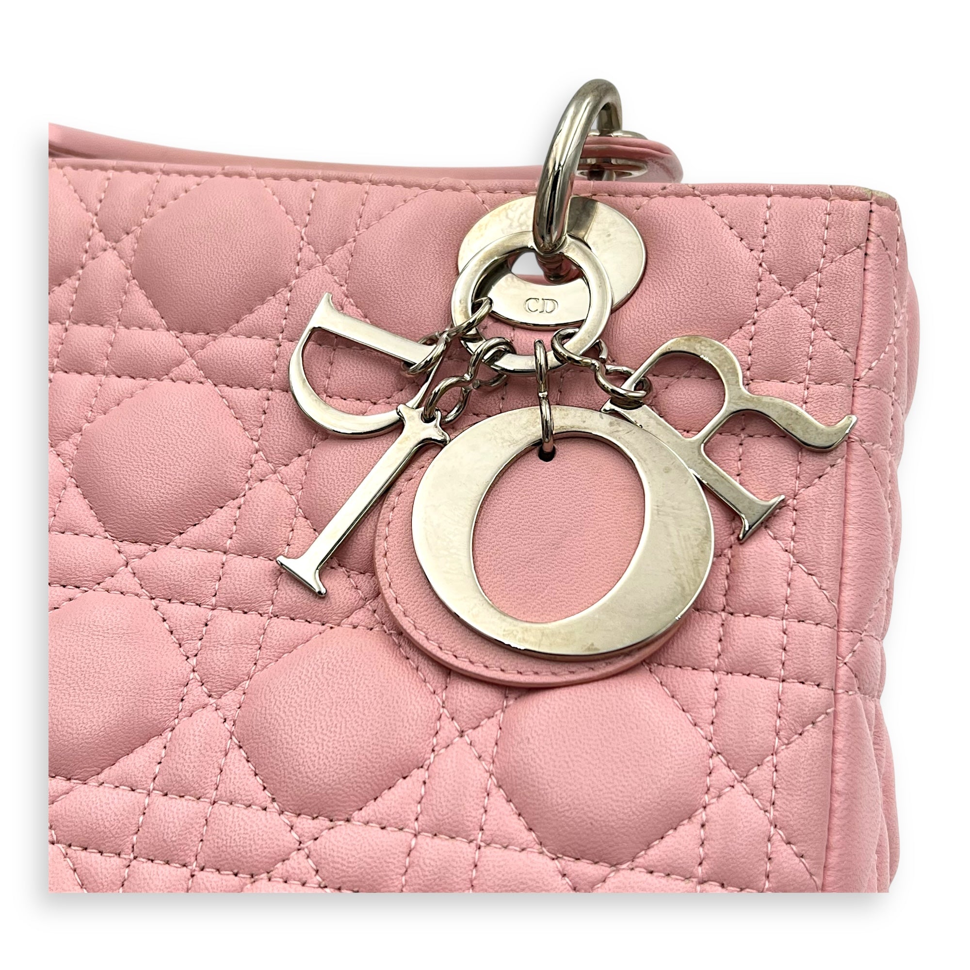 Lady Dior Top Handle Bag Medium Pink in Calfskin, Silver hardware