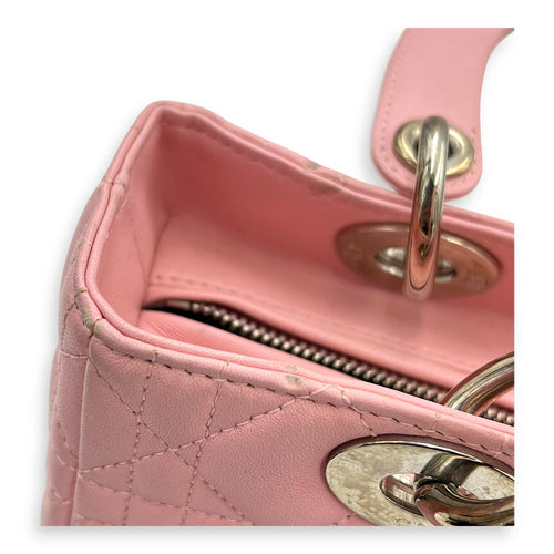 Lady Dior Top Handle Bag Medium Pink in Calfskin, Silver hardware