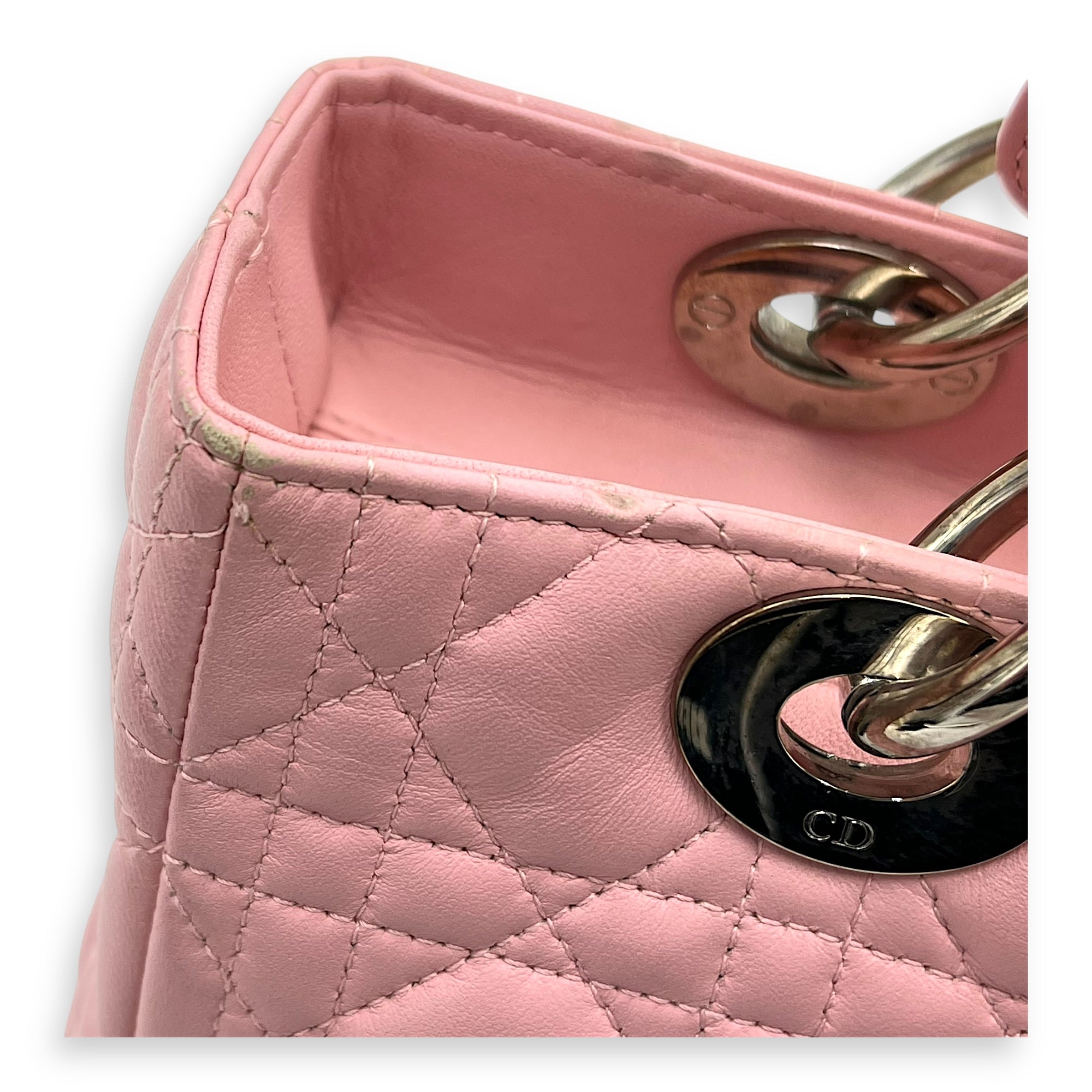 Lady Dior Top Handle Bag Medium Pink in Calfskin, Silver hardware
