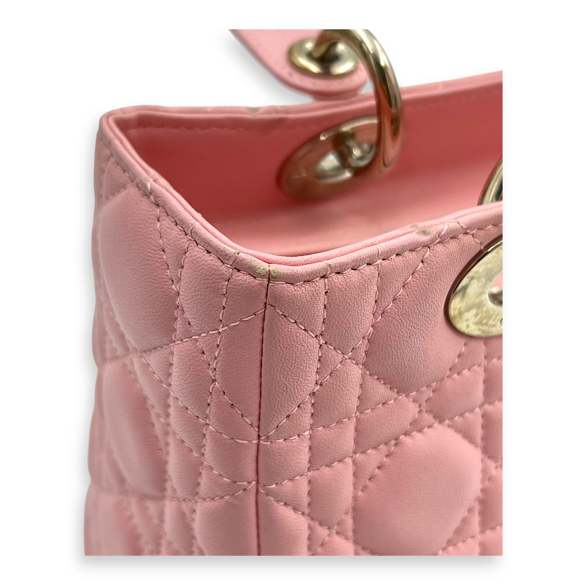 Lady Dior Top Handle Bag Medium Pink in Calfskin, Silver hardware