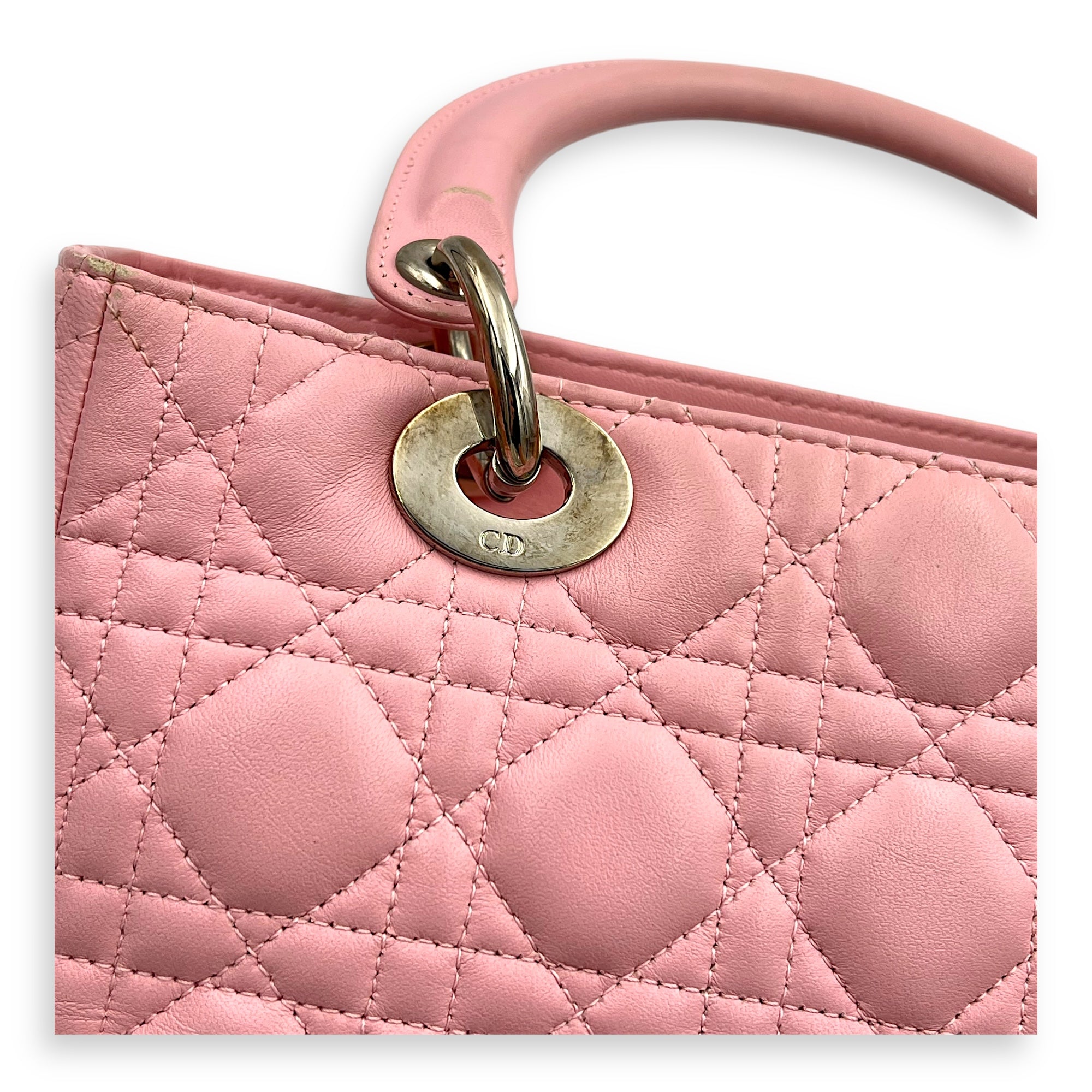 Lady Dior Top Handle Bag Medium Pink in Calfskin, Silver hardware