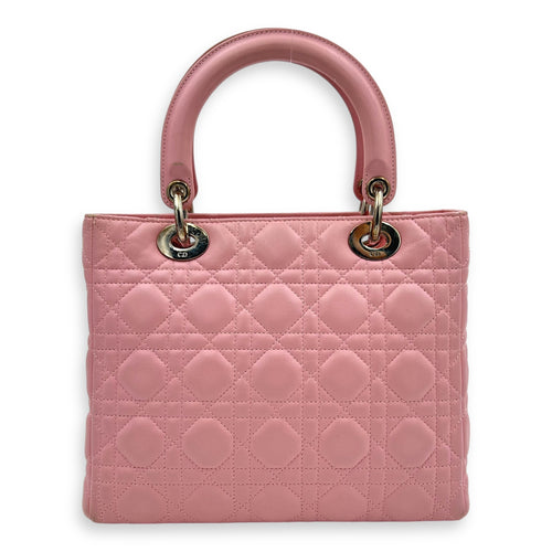 Lady Dior Top Handle Bag Medium Pink in Calfskin, Silver hardware