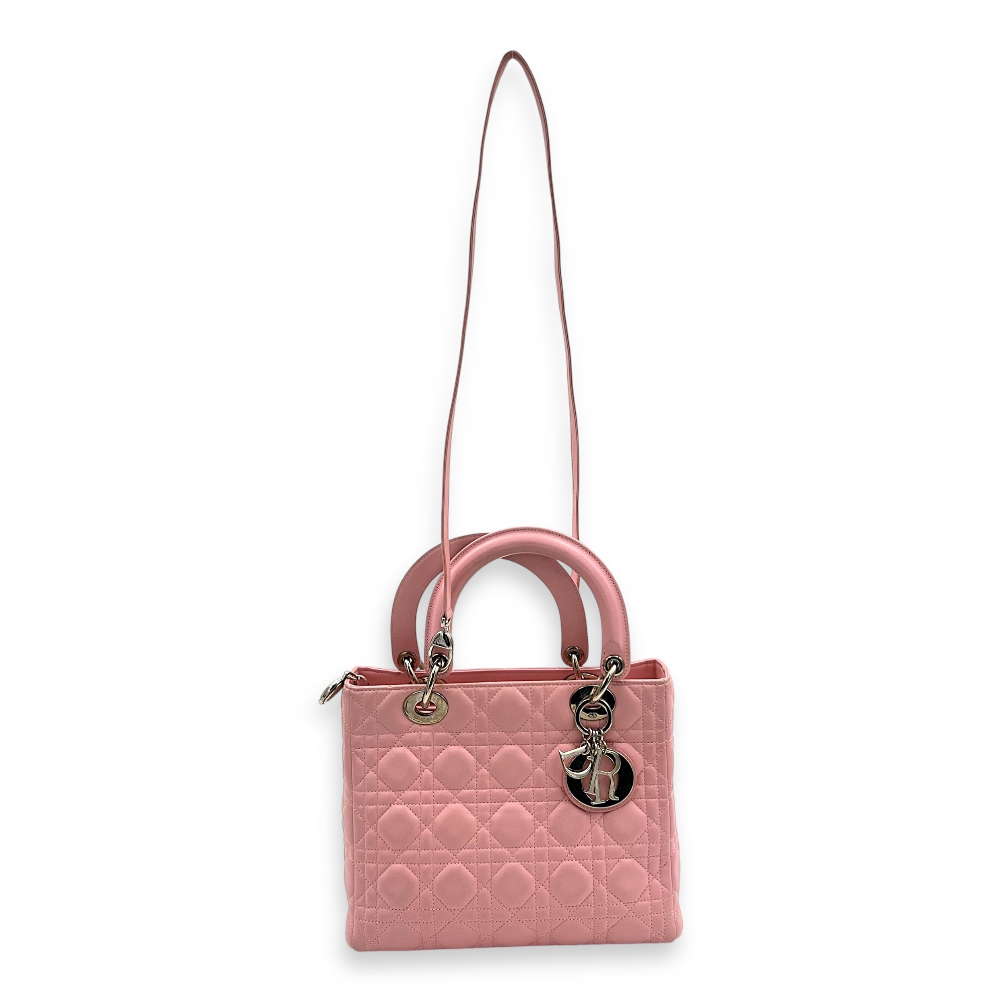 Lady Dior Top Handle Bag Medium Pink in Calfskin, Silver hardware