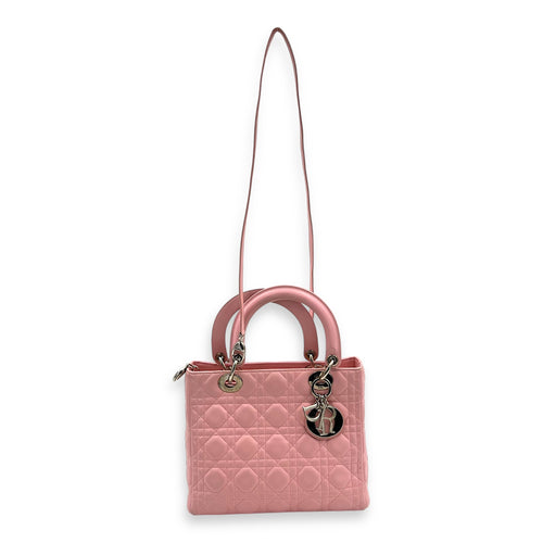 Lady Dior Top Handle Bag Medium Pink in Calfskin, Silver hardware