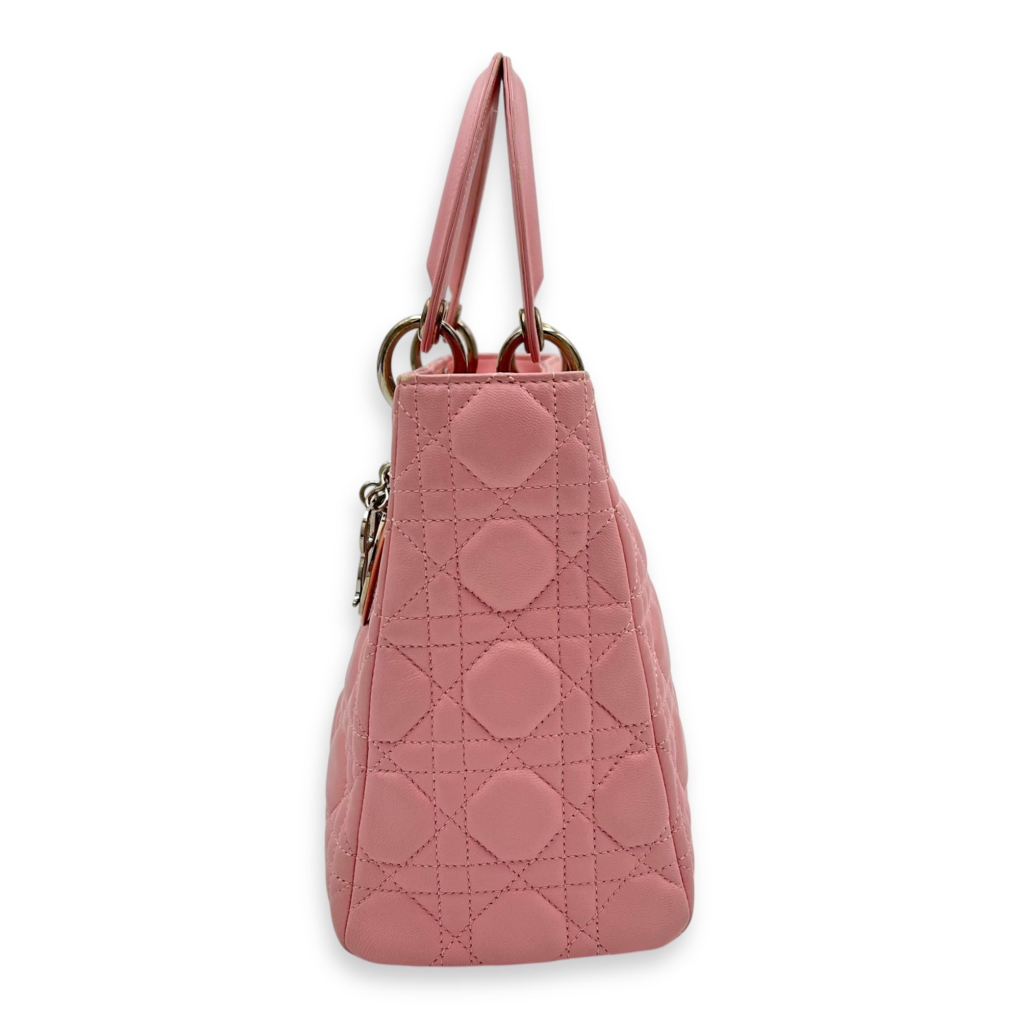Lady Dior Top Handle Bag Medium Pink in Calfskin, Silver hardware
