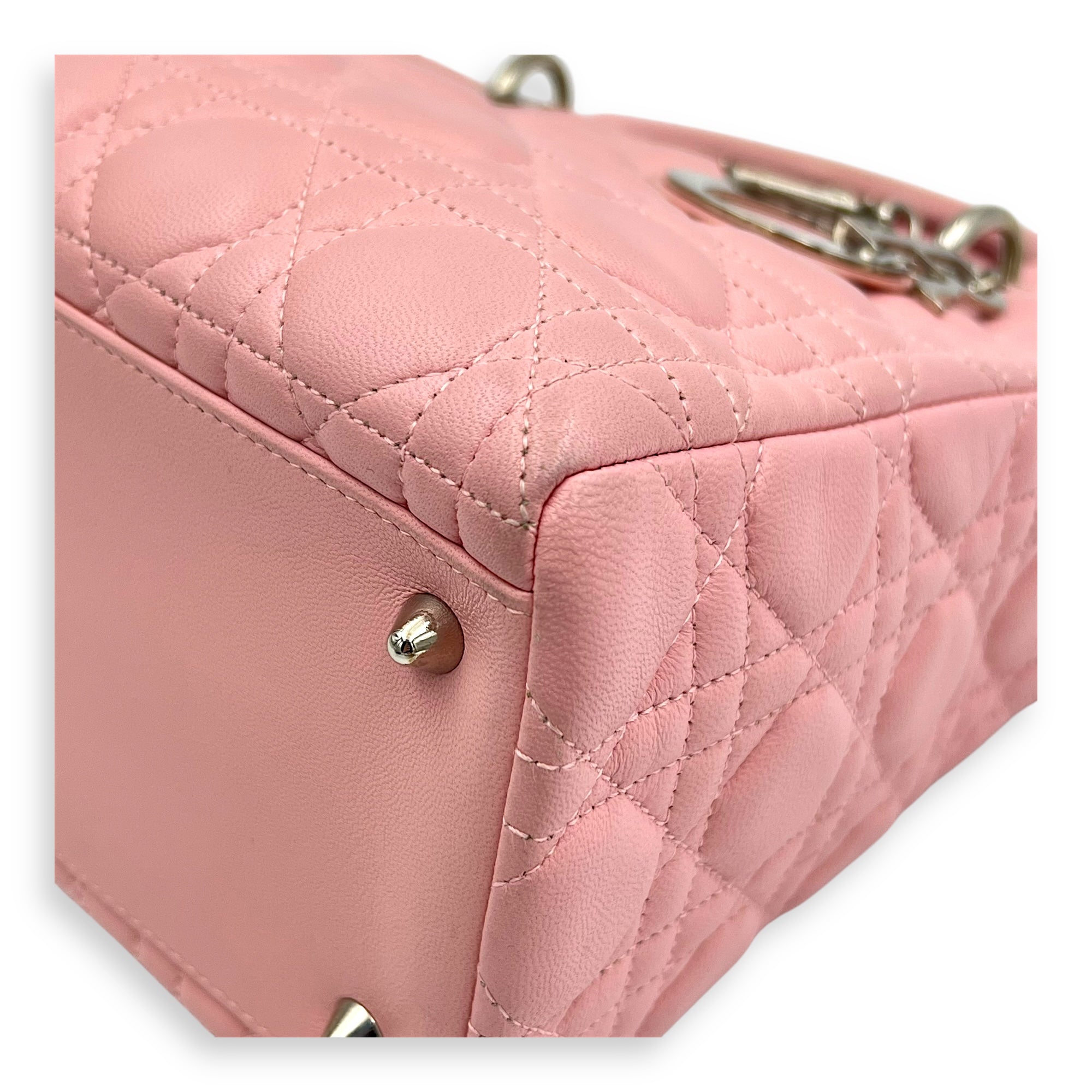 Lady Dior Top Handle Bag Medium Pink in Calfskin, Silver hardware