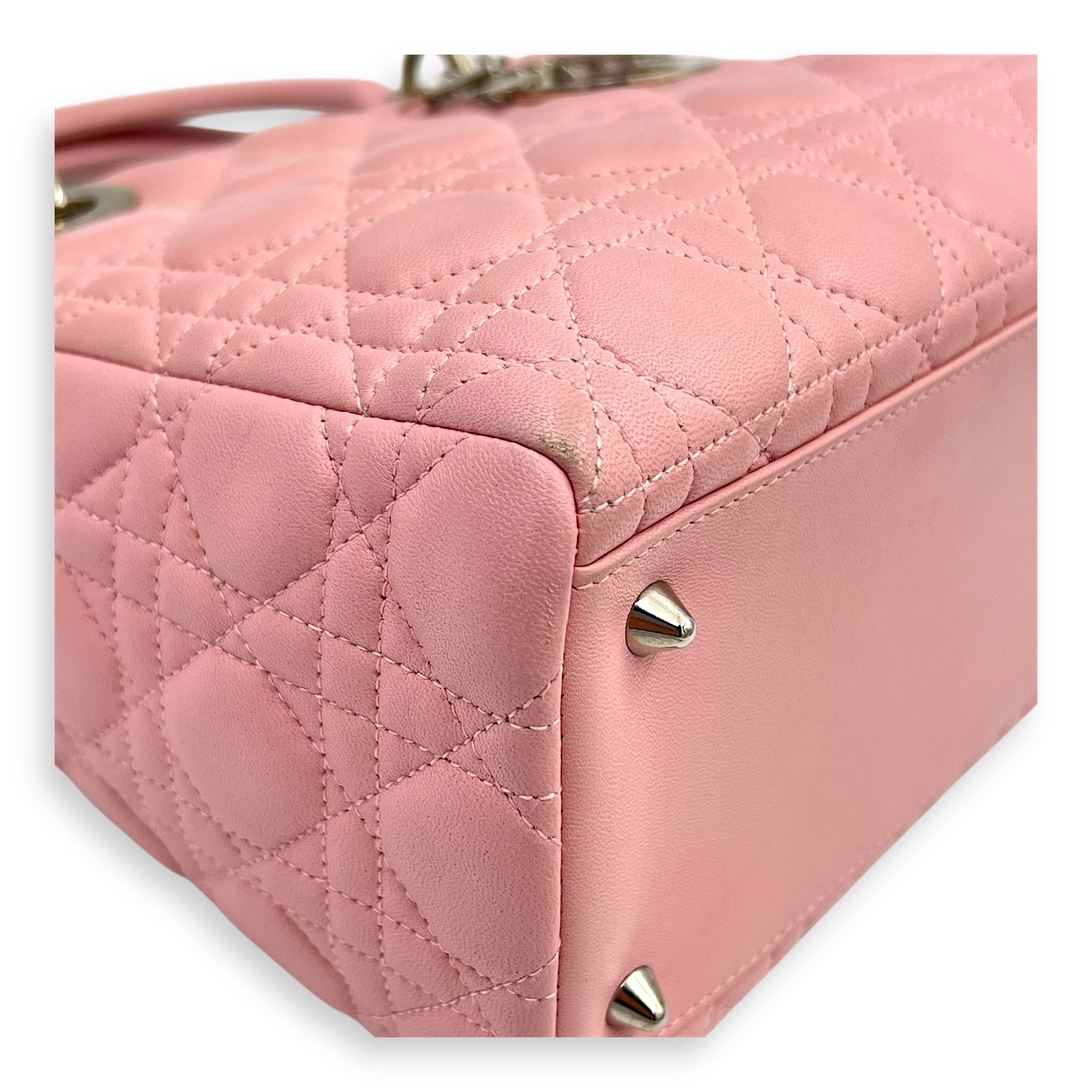 Lady Dior Top Handle Bag Medium Pink in Calfskin, Silver hardware