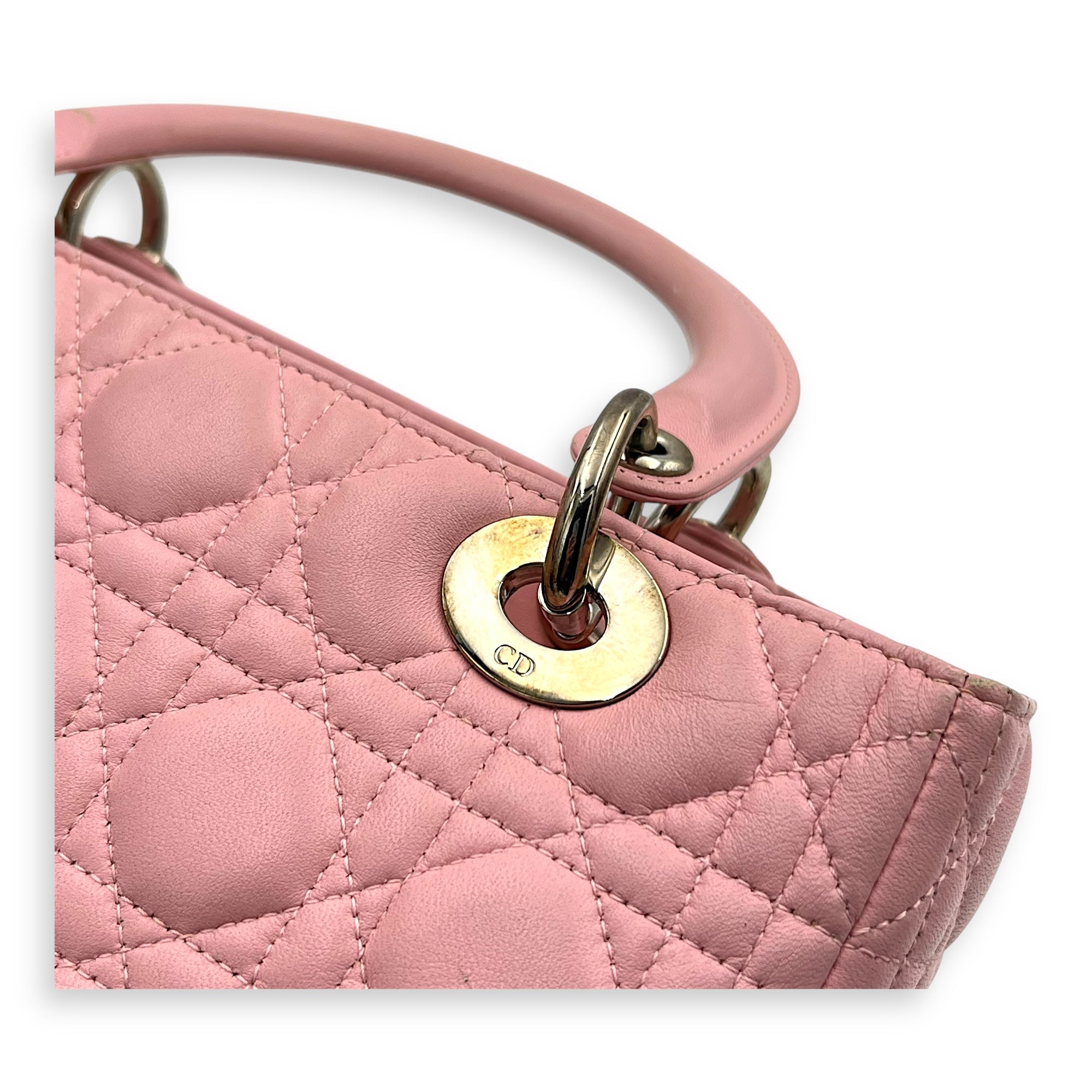 Lady Dior Top Handle Bag Medium Pink in Calfskin, Silver hardware