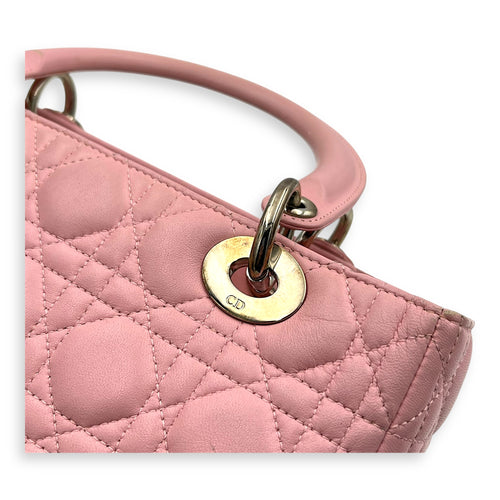 Lady Dior Top Handle Bag Medium Pink in Calfskin, Silver hardware