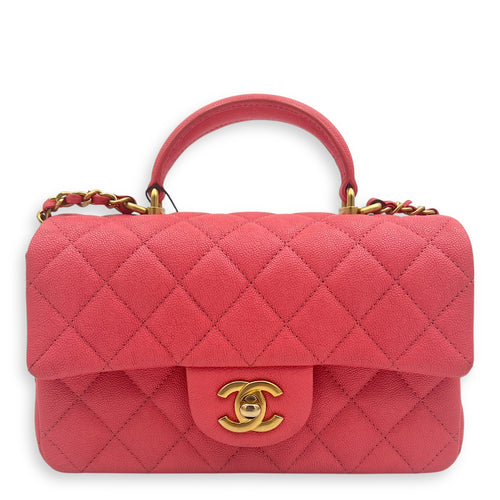 Rectangle Flap Mini Pink Top Handle Bag in Caviar Leather, Brushed Gold hardware