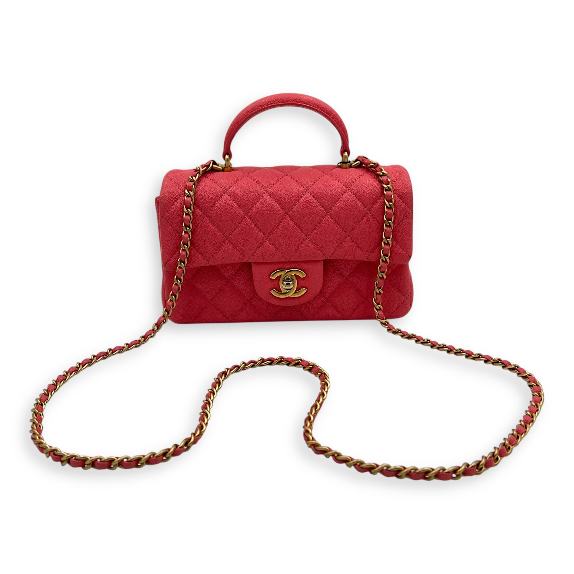 Rectangle Flap Mini Pink Top Handle Bag in Caviar Leather, Brushed Gold hardware