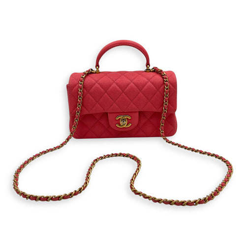 Rectangle Flap Mini Pink Top Handle Bag in Caviar Leather, Brushed Gold hardware