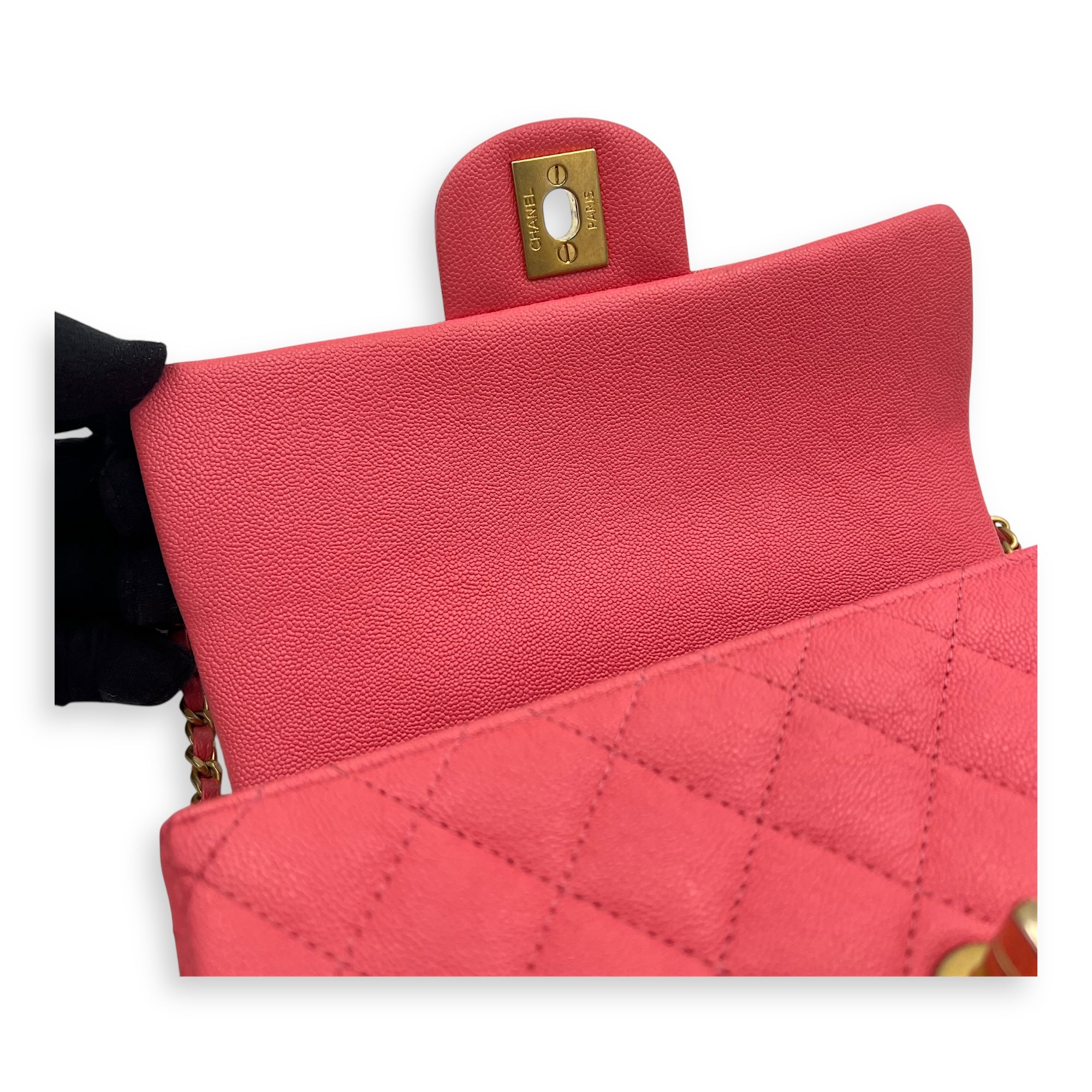 Rectangle Flap Mini Pink Top Handle Bag in Caviar Leather, Brushed Gold hardware