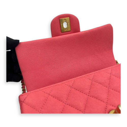 Rectangle Flap Mini Pink Top Handle Bag in Caviar Leather, Brushed Gold hardware