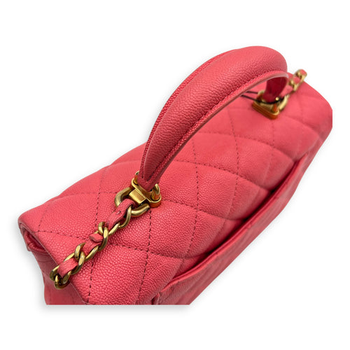 Rectangle Flap Mini Pink Top Handle Bag in Caviar Leather, Brushed Gold hardware